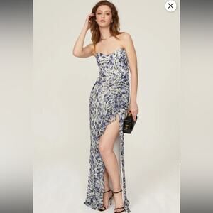 RTR Katie May Baby Cakes Off White & Blue‎ Printed Strapless Maxi Dress Sz S